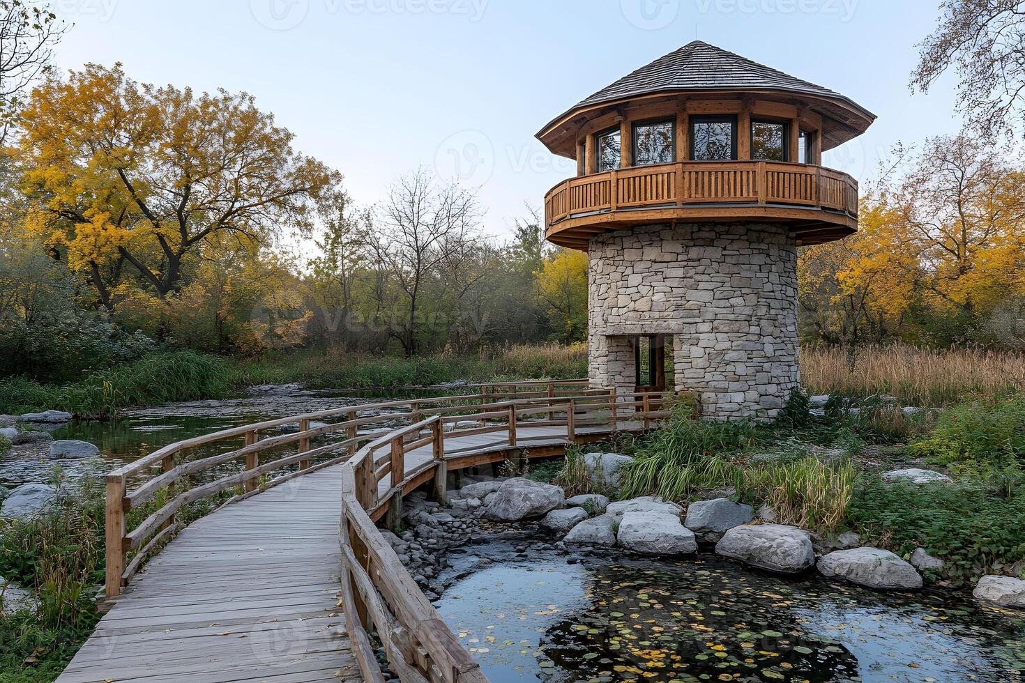 Tranquil Autumn Scene with Stone Tower and Wooden Pathway by a Serene Pond photo