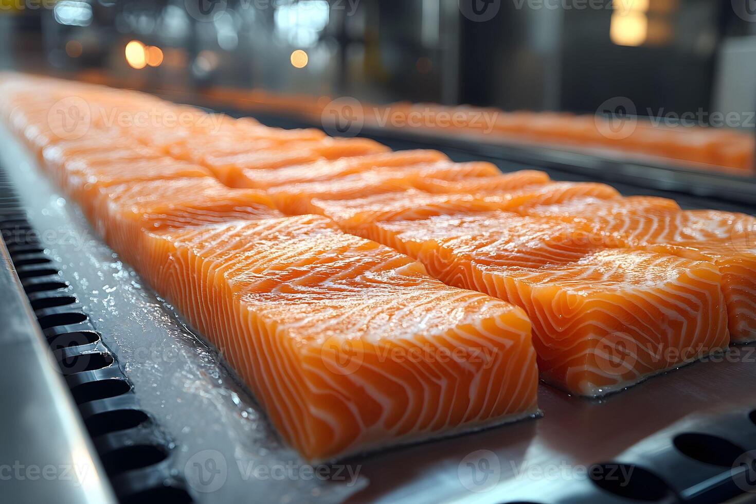 Fresh Salmon Filets on Production Line Seafood Processing and Quality Control photo