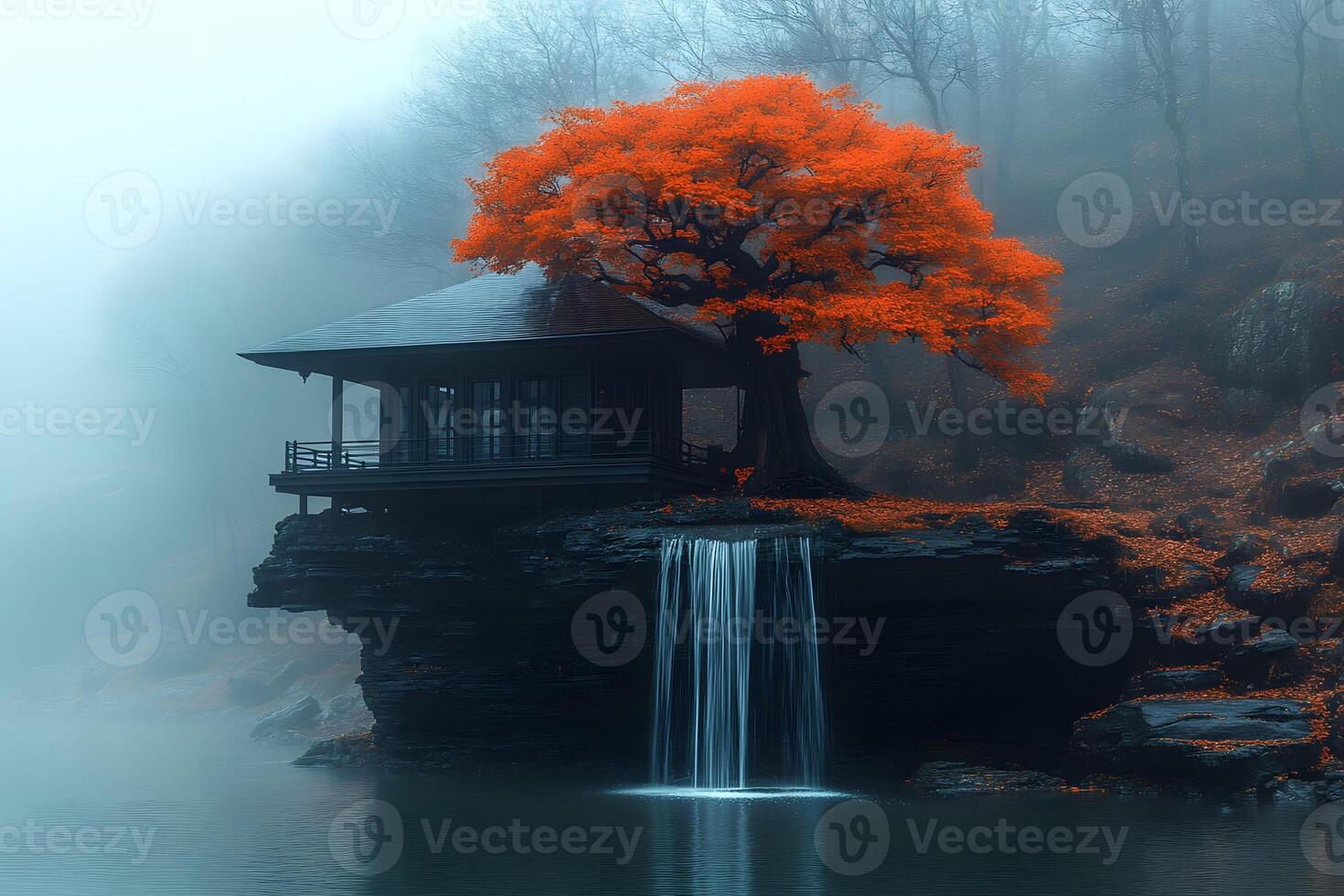 Serene Autumn Retreat Misty Lake Cabin and Vibrant Red Tree with Waterfall Landscape photo
