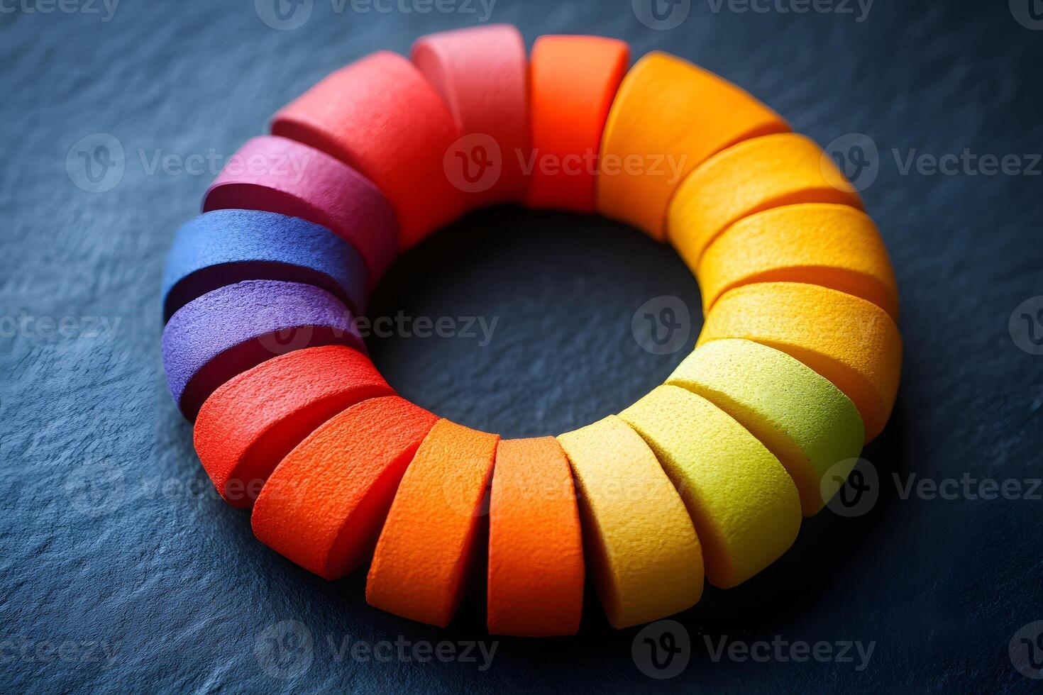 Colorful Gradient Foam Circle in Rainbow Arrangement on Dark Slate for Design and Decoration photo
