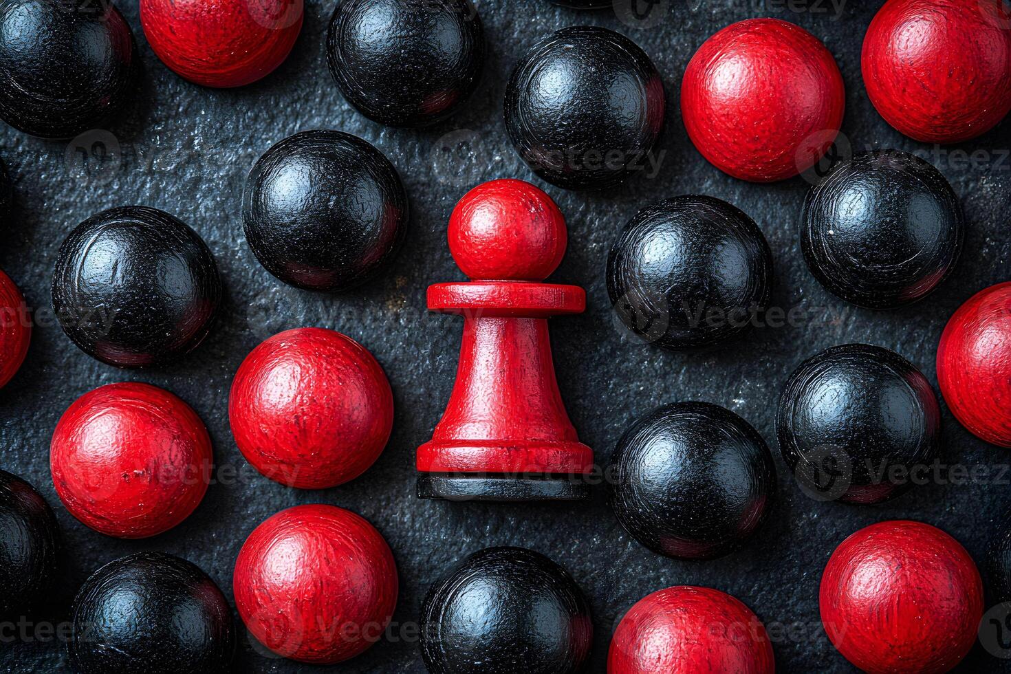 Red Chess Pawn Standing Out Among Black and Red Spheres - Concept of Individuality and Strategy photo