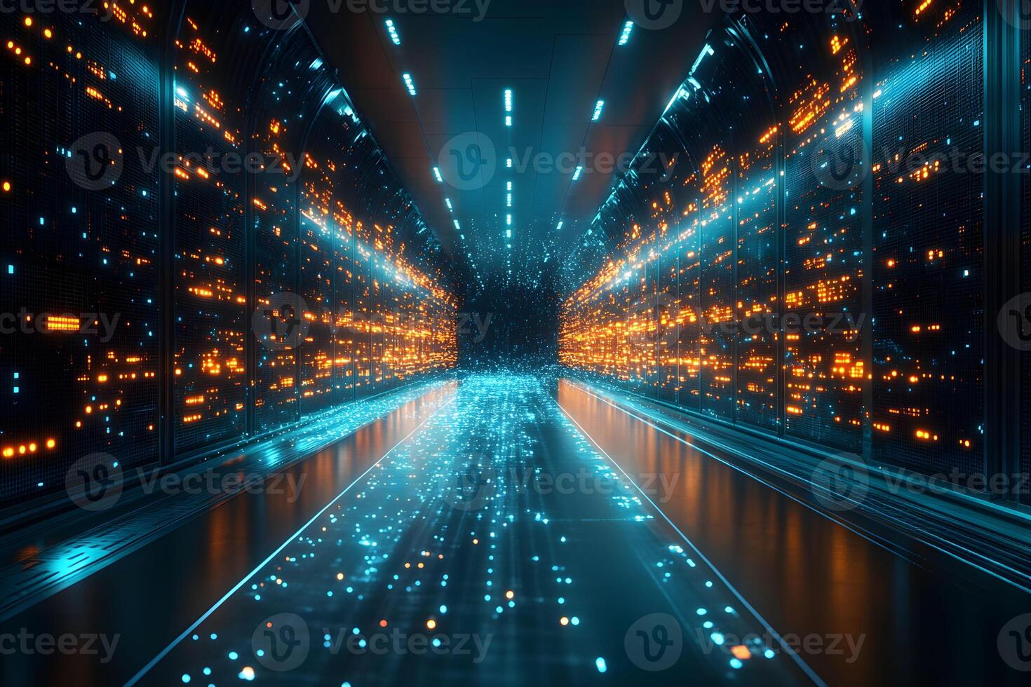 Futuristic Digital Tunnel with Neon Lights for Technology Concepts and Design photo