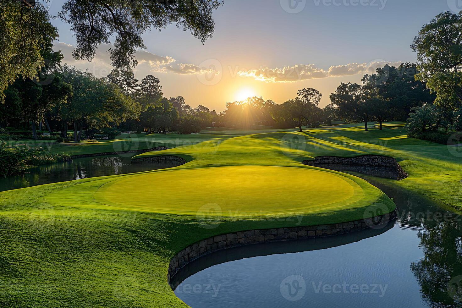 Scenic Golf Course at Sunset with Lush Greens and Tranquil Water Features photo