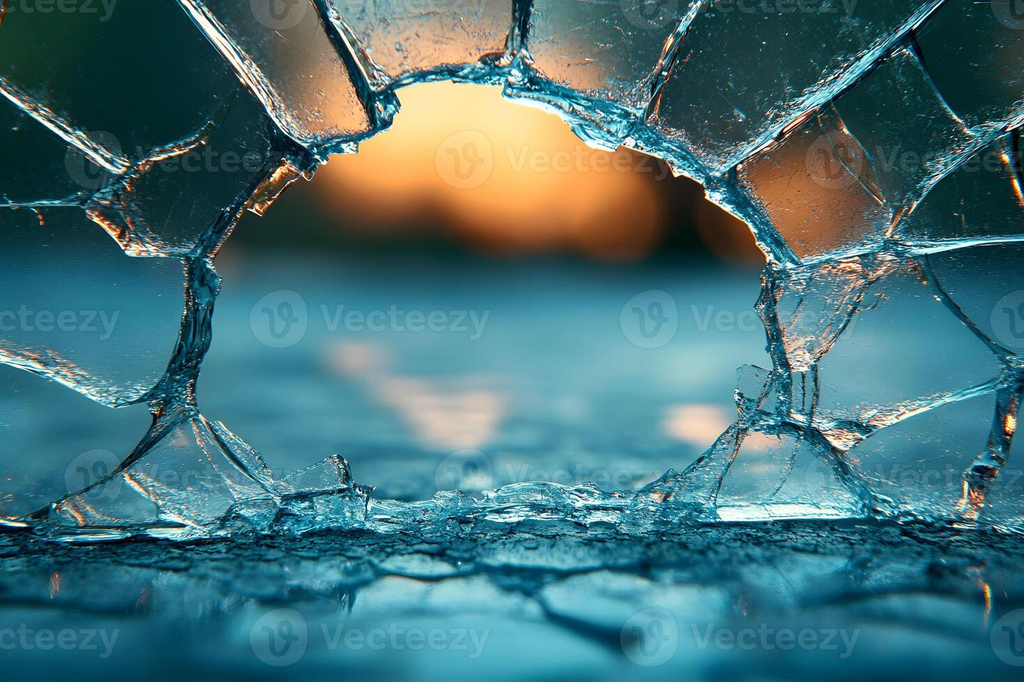 Abstract Broken Glass with Sunset Glow for Creative Design and Backgrounds photo