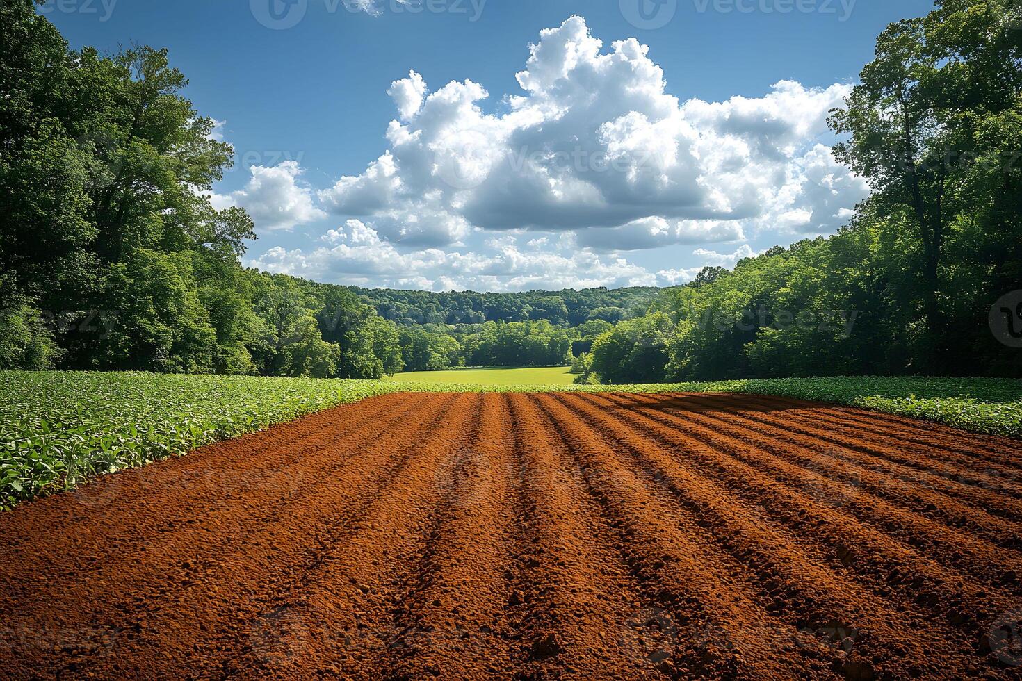 Tranquil Rural Landscape with Plowed Field and Lush Greenery Under Blue Sky photo