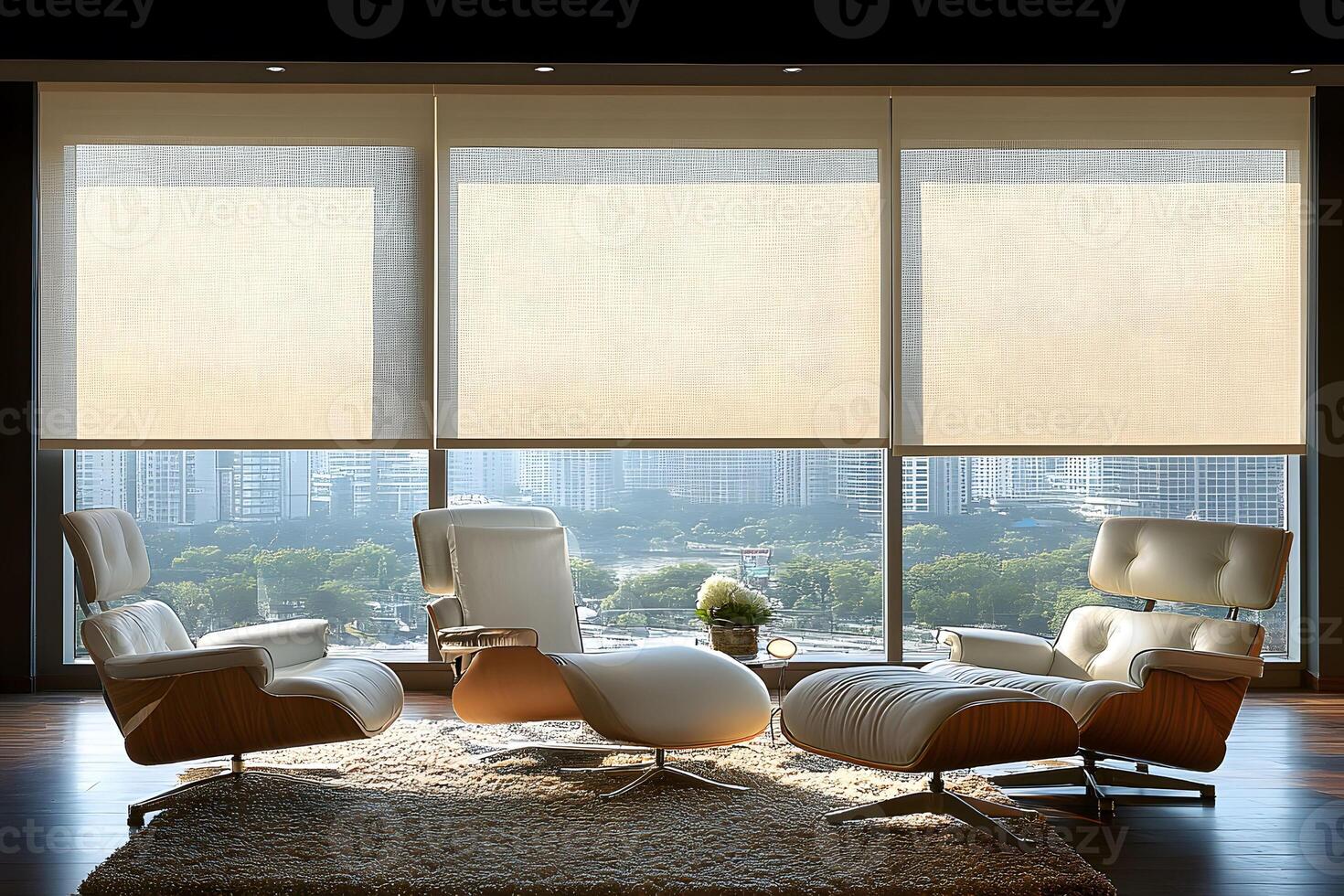 Modern Urban Living Room with Luxury Armchairs and Cityscape View photo