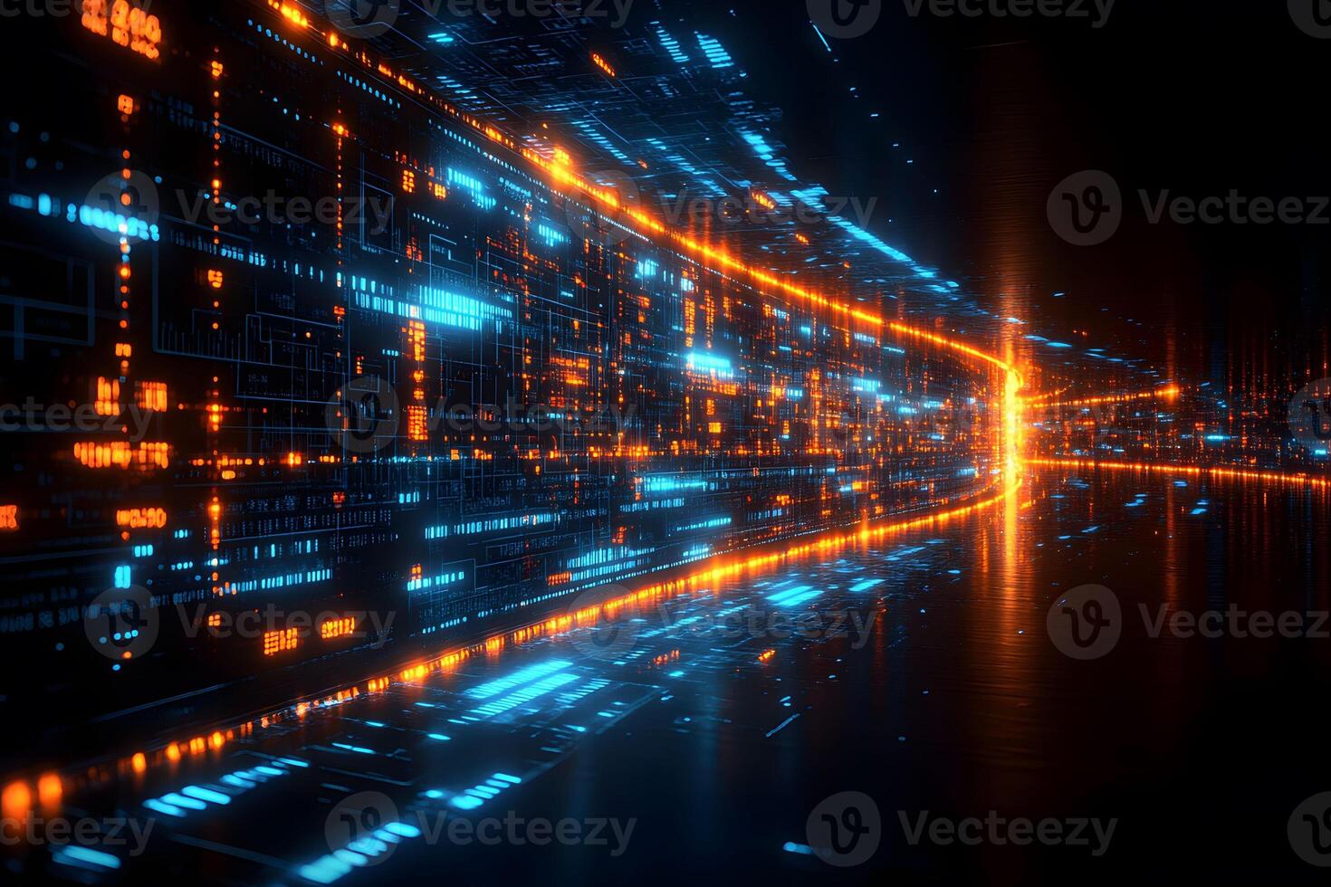 Futuristic Digital Landscape with Neon Lights and Data Streams for Technology Design photo
