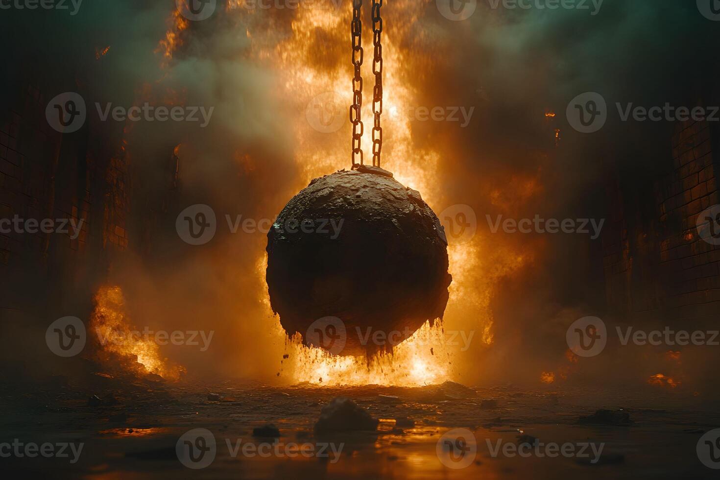 Dramatic Wrecking Ball in Fiery Industrial Scene for Intense Visual Impact photo