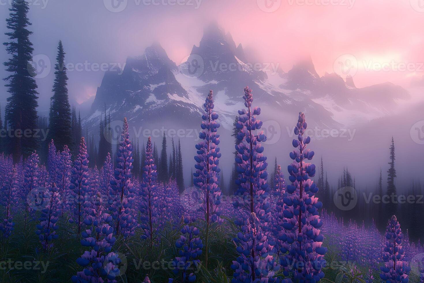 Majestic Mountain Landscape at Sunrise with Vibrant Lupine Flowers in Full Bloom photo