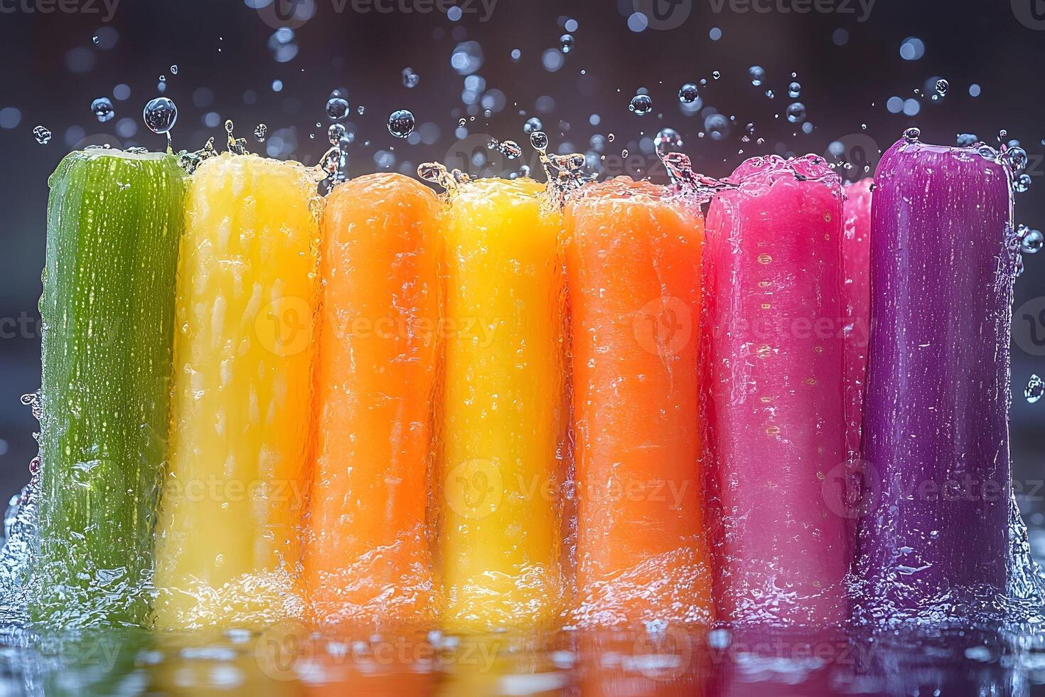 Vibrant Summer Popsicles Splash in Water - Refreshing Colorful Treats for Summertime Enjoyment photo