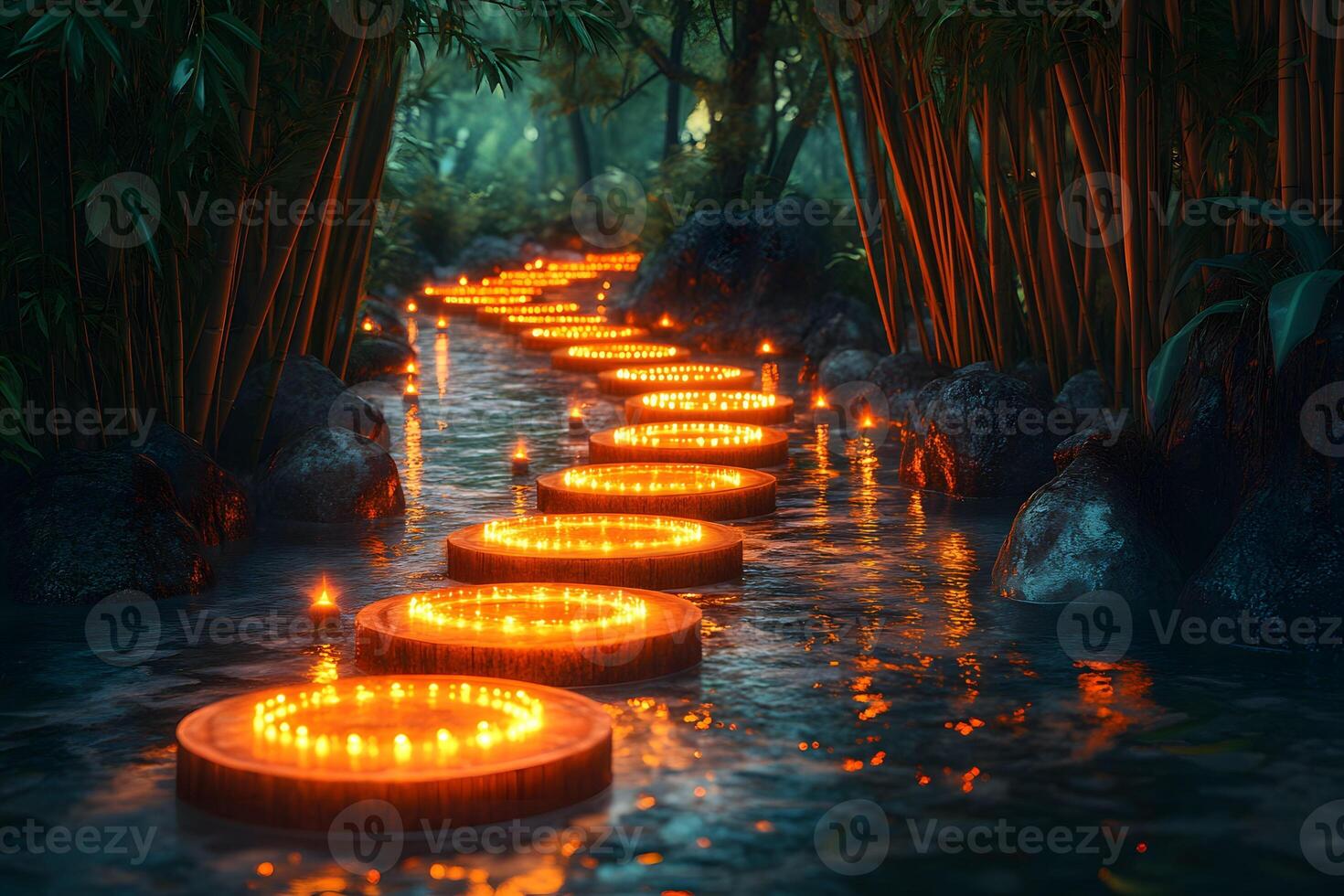 Enchanting Zen Garden Pathway with Illuminated Floating Lanterns at Dusk photo