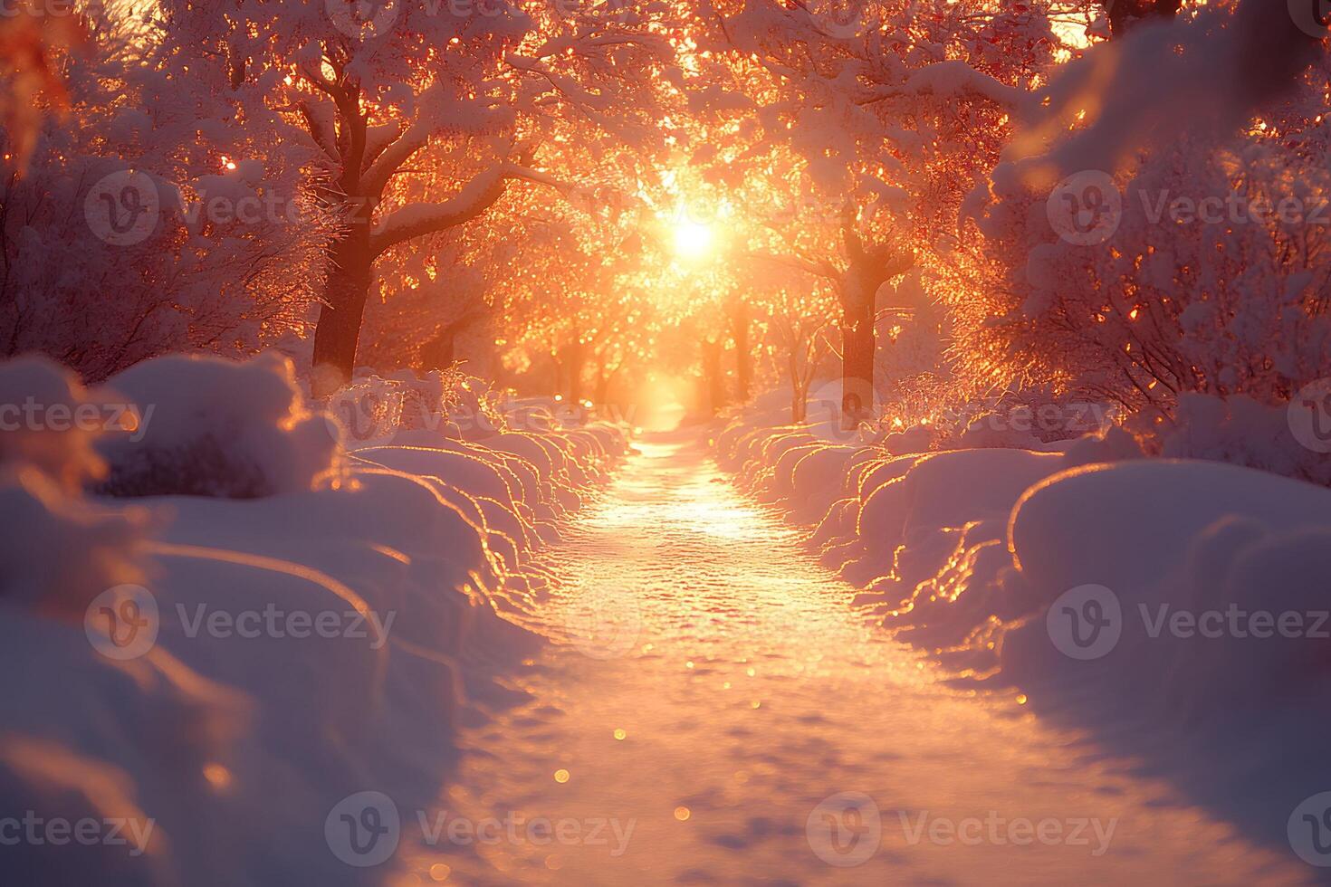 Winter Sunrise Pathway Serene Snowy Landscape for Holiday Inspiration and Seasonal Design photo