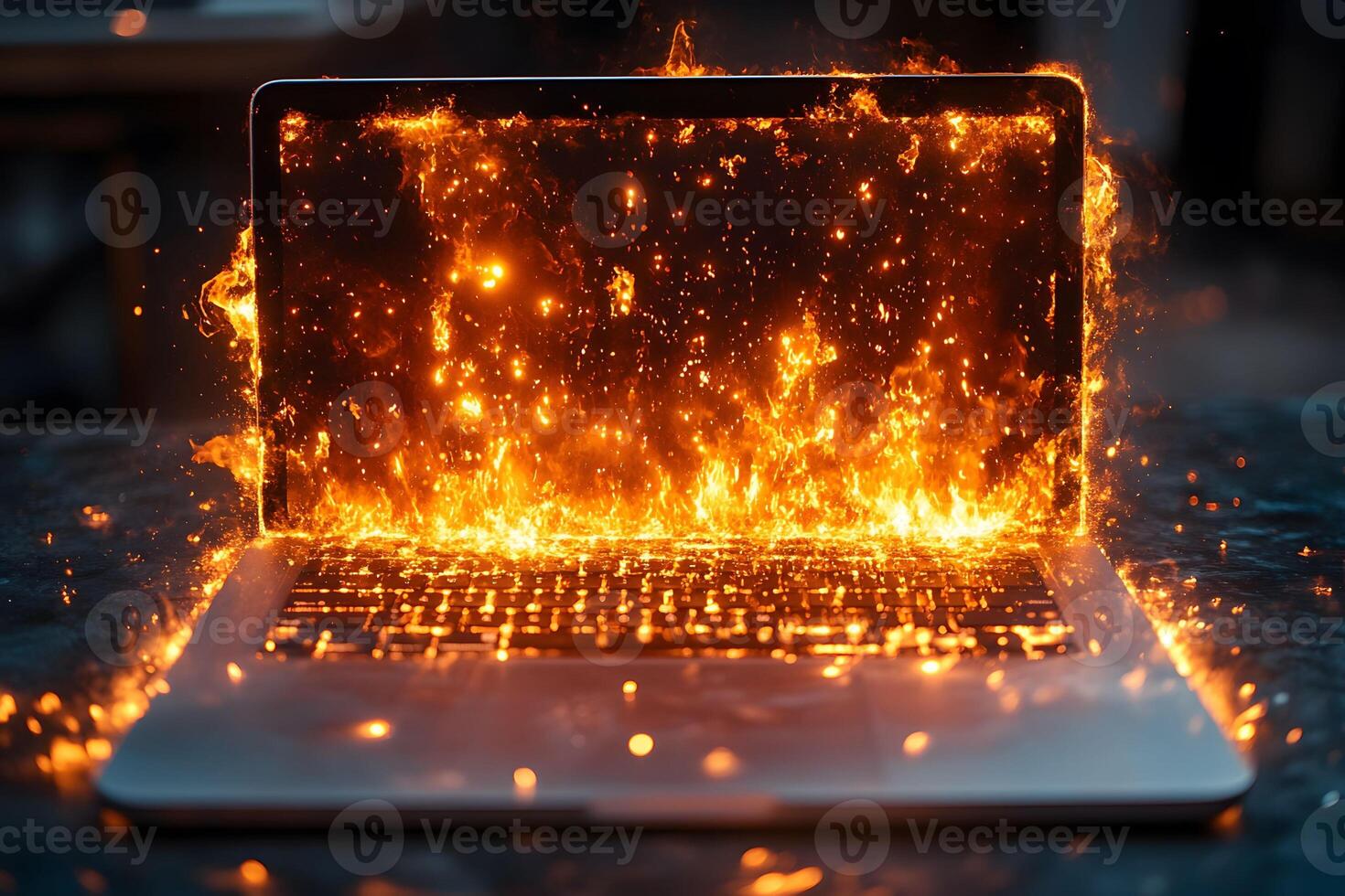 Fiery Laptop Scene Concept of Technology Overload and Data Loss Risk photo