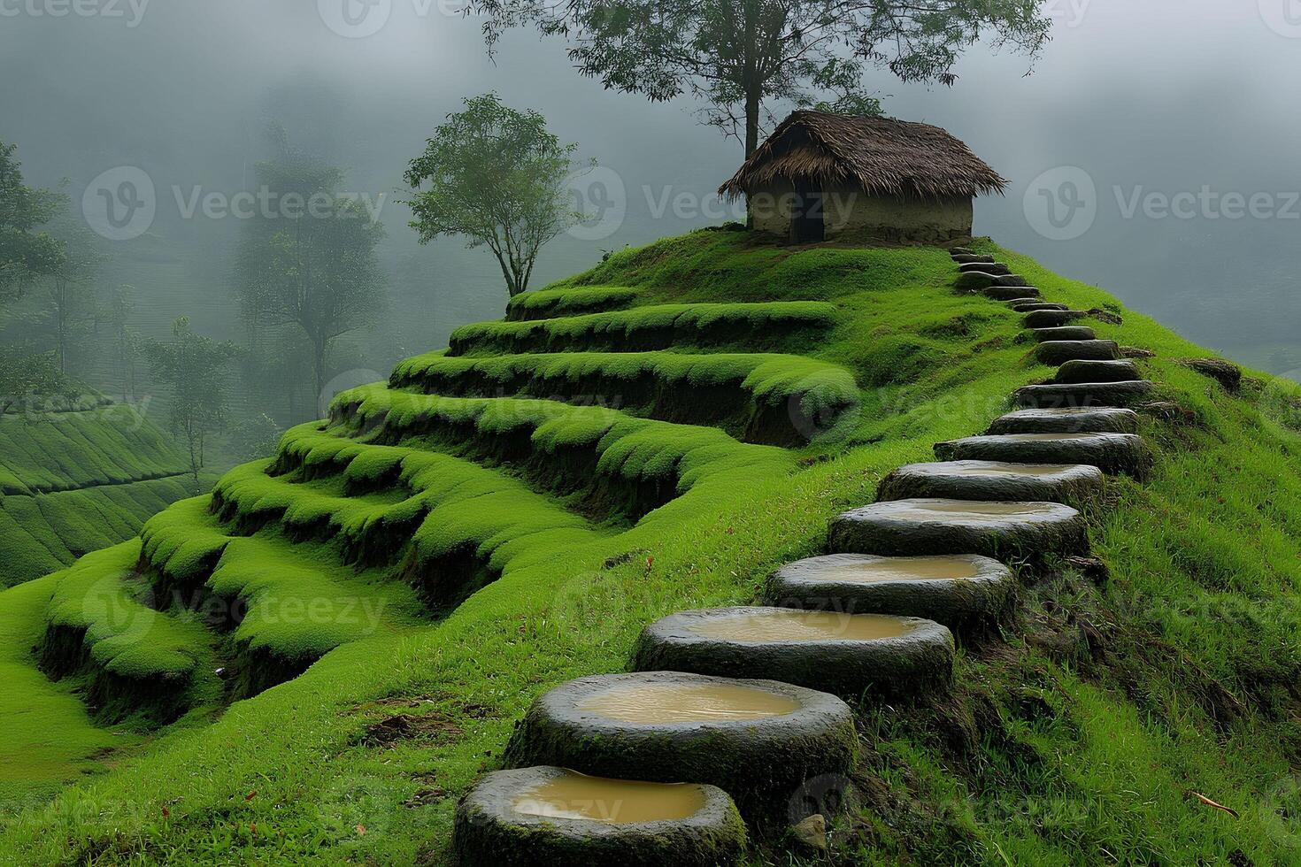 Tranquil Terraced Landscape with Rustic Hut and Stone Path in Misty Morning photo