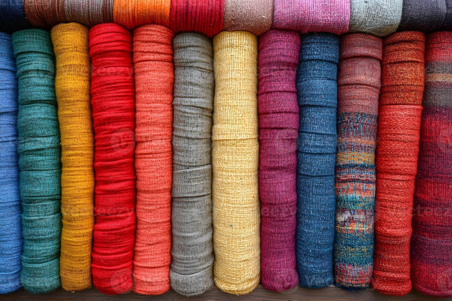 Colorful Rolled Fabrics in a Row for Textile Design Inspiration and Home Craft Projects photo