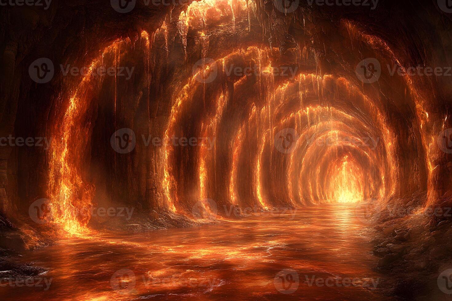 Fiery, Mystical Underworld Cave with Glowing Lava Streams - Surreal Fantasy Design for Posters photo