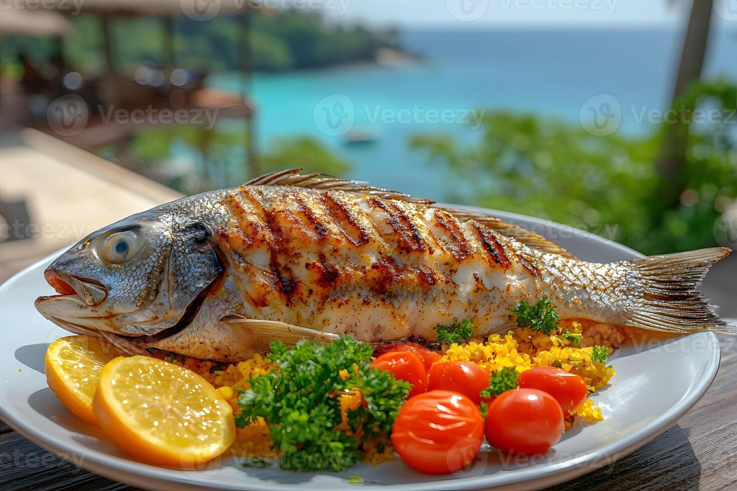 Grilled Fish with Fresh Vegetables by the Ocean Perfect for Culinary and Travel Design photo