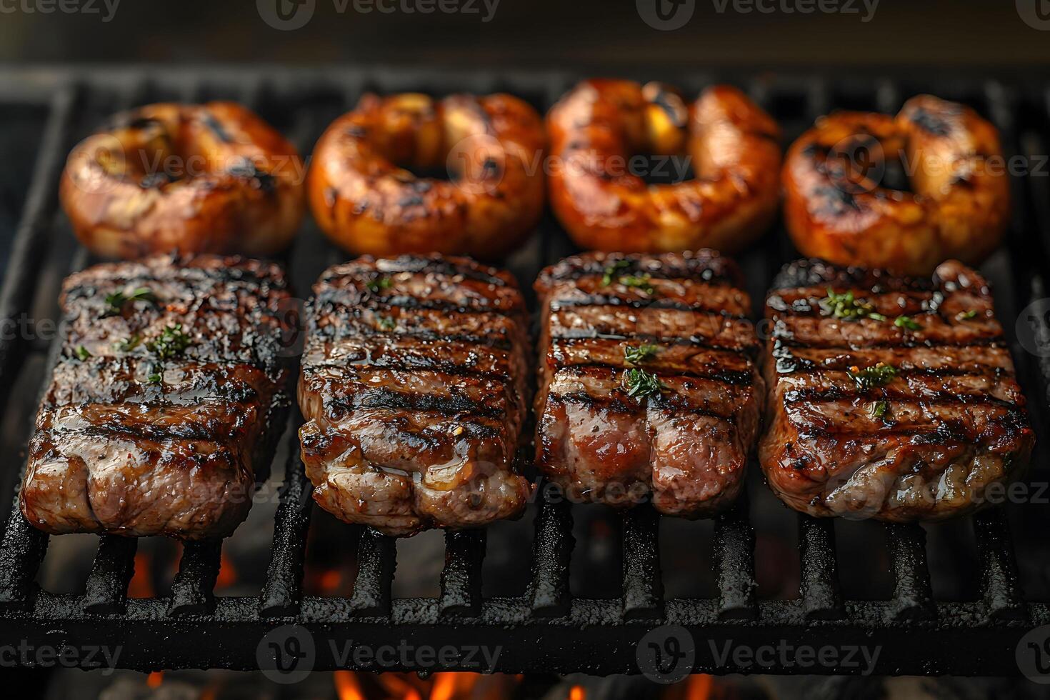Grilled Steak and Bell Peppers on Barbecue for Summer Cookout or Outdoor Gathering photo
