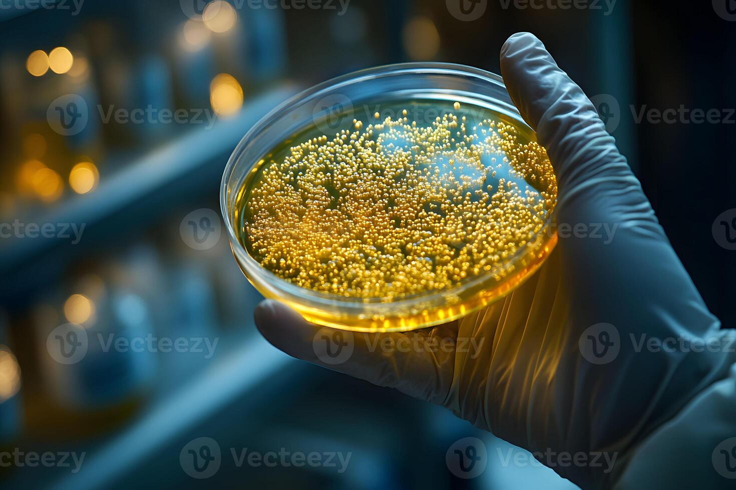 científico participación petri plato con bacteriano cultura para laboratorio investigación foto