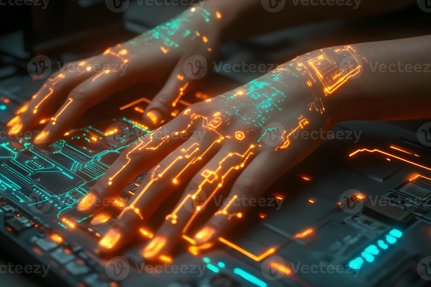 Futuristic Technology Interface with Cybernetic Hands and Digital Display for Sci-Fi Design photo
