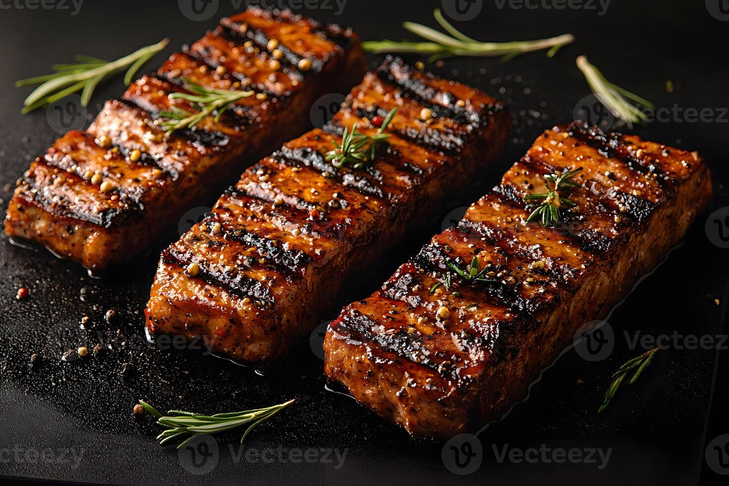 Grilled Salmon Fillets with Rosemary and Pepper on a Stone Plate for Culinary Design photo