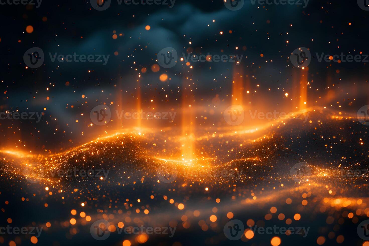 Abstract Golden Sparkling Lights in Dark Fantasy Landscape for Digital Art and Design photo