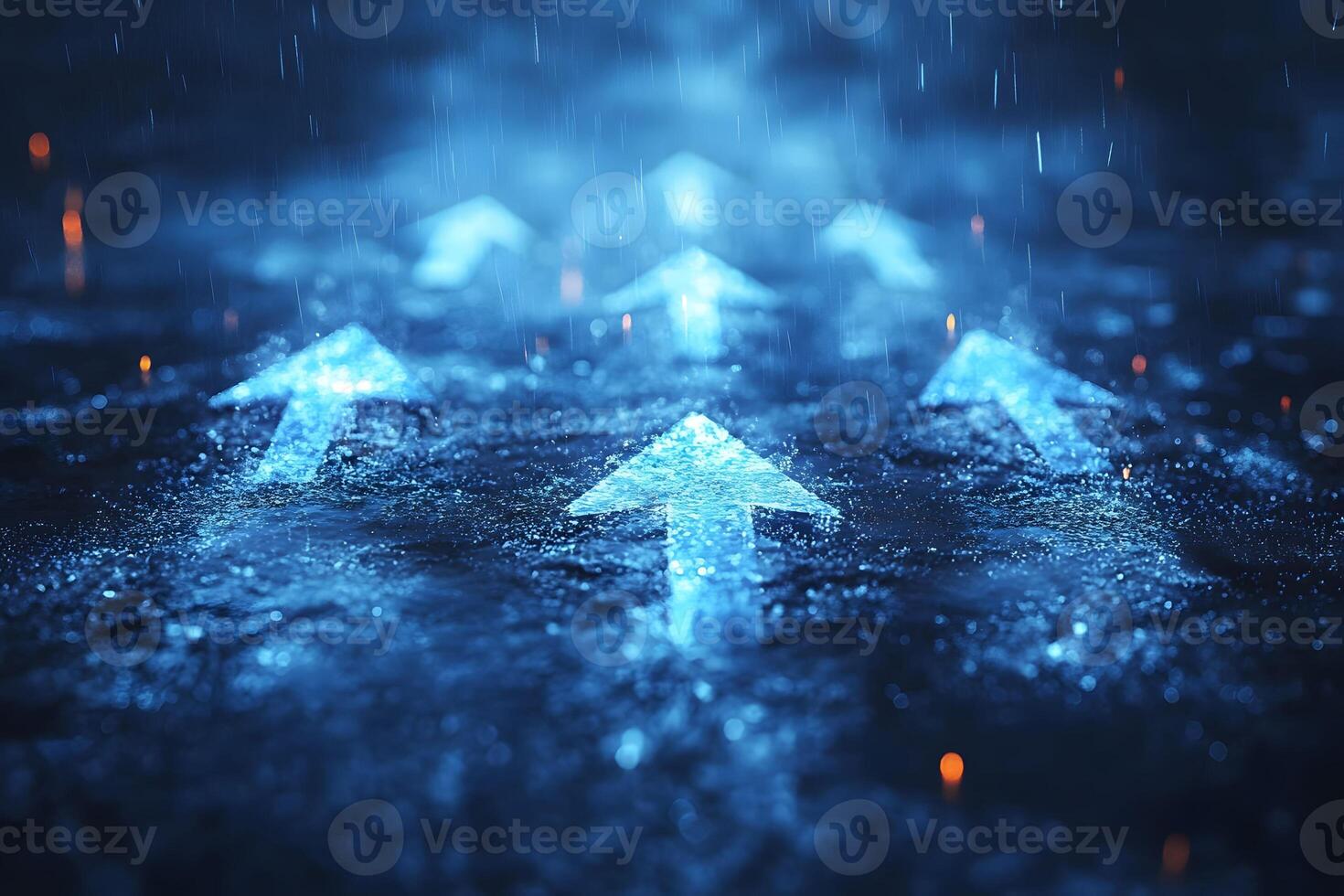 Innovative Technology Concept with Digital Arrows in a Futuristic Rainy Setting photo