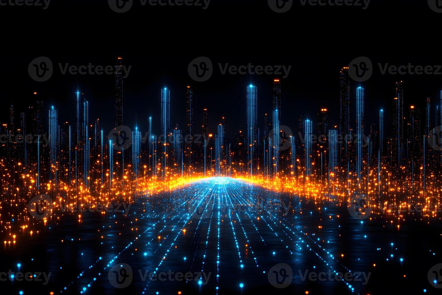 Futuristic Cyber Cityscape with Neon Lights and Digital Grid for Technology Concepts photo
