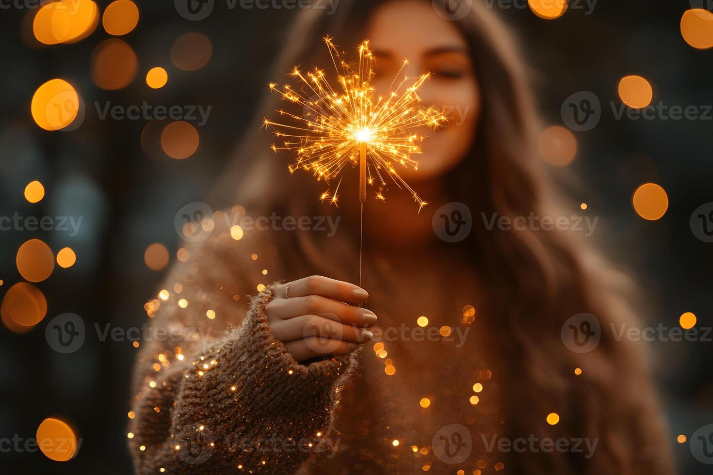 Cozy Autumn Evening with Sparkler Glow and Warm Bokeh Lights photo