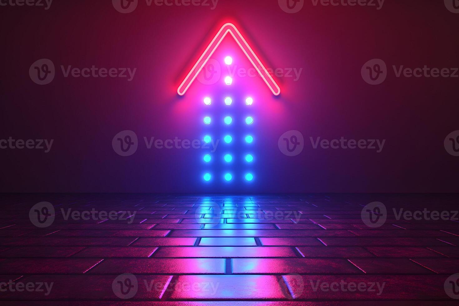 Neon Arrow Sign on Dark Brick Wall - Vibrant Futuristic Design for Modern Advertising photo