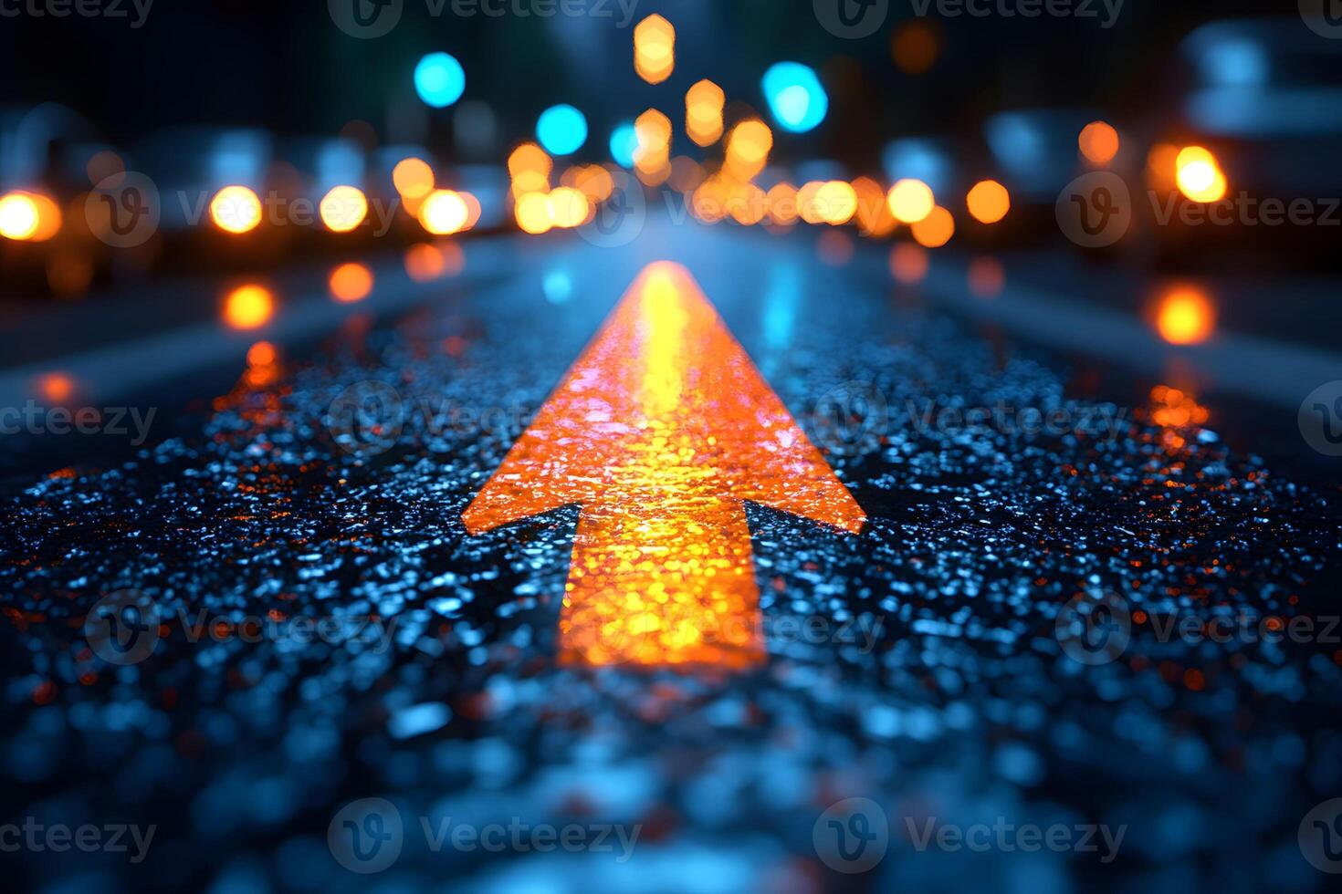 Urban Night Scene with Illuminated Traffic Arrow and Blurred City Lights photo