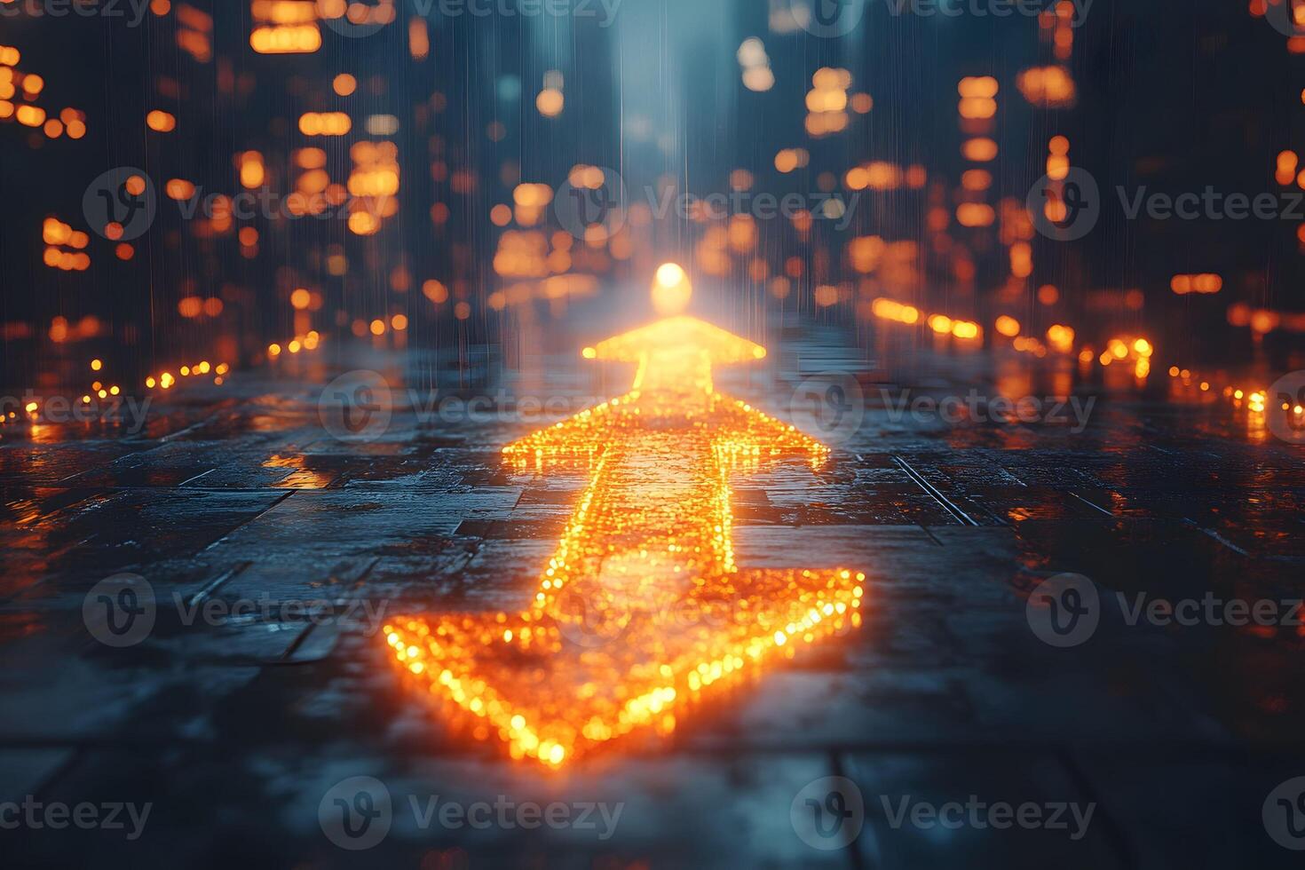 Illuminated Arrow on Wet Street with Bokeh Lights for Urban Direction and Guidance photo
