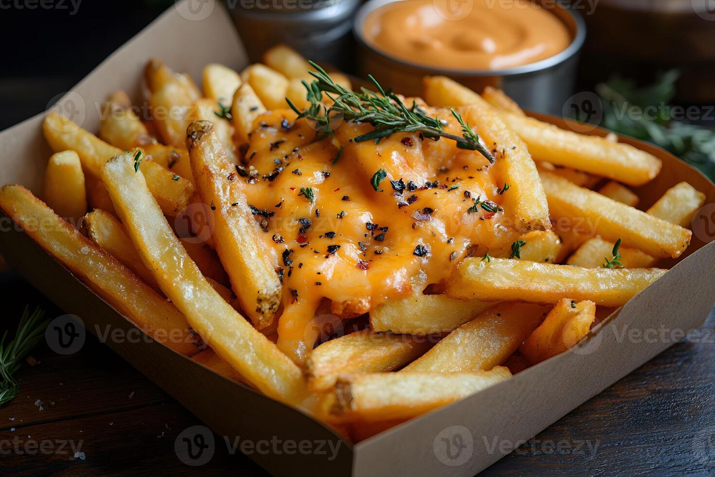Savory Cheese Fries with Herbs and Dipping Sauce for Culinary Design photo