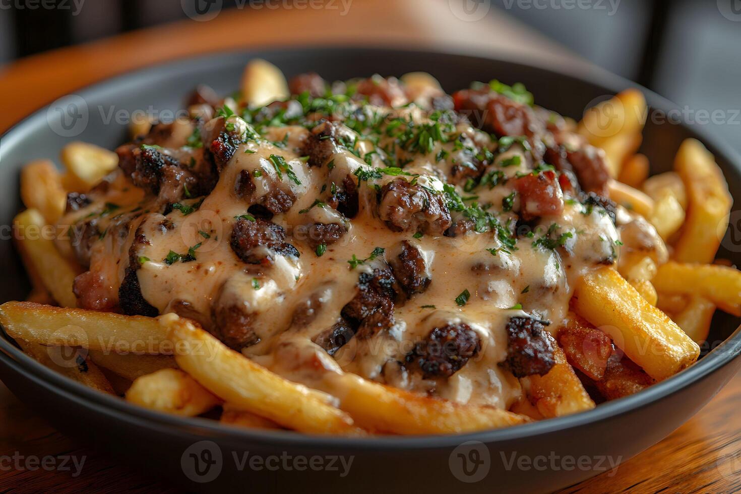 Gourmet Loaded Fries with Cheese Sauce and Grilled Steak Bits in a Black Bowl photo