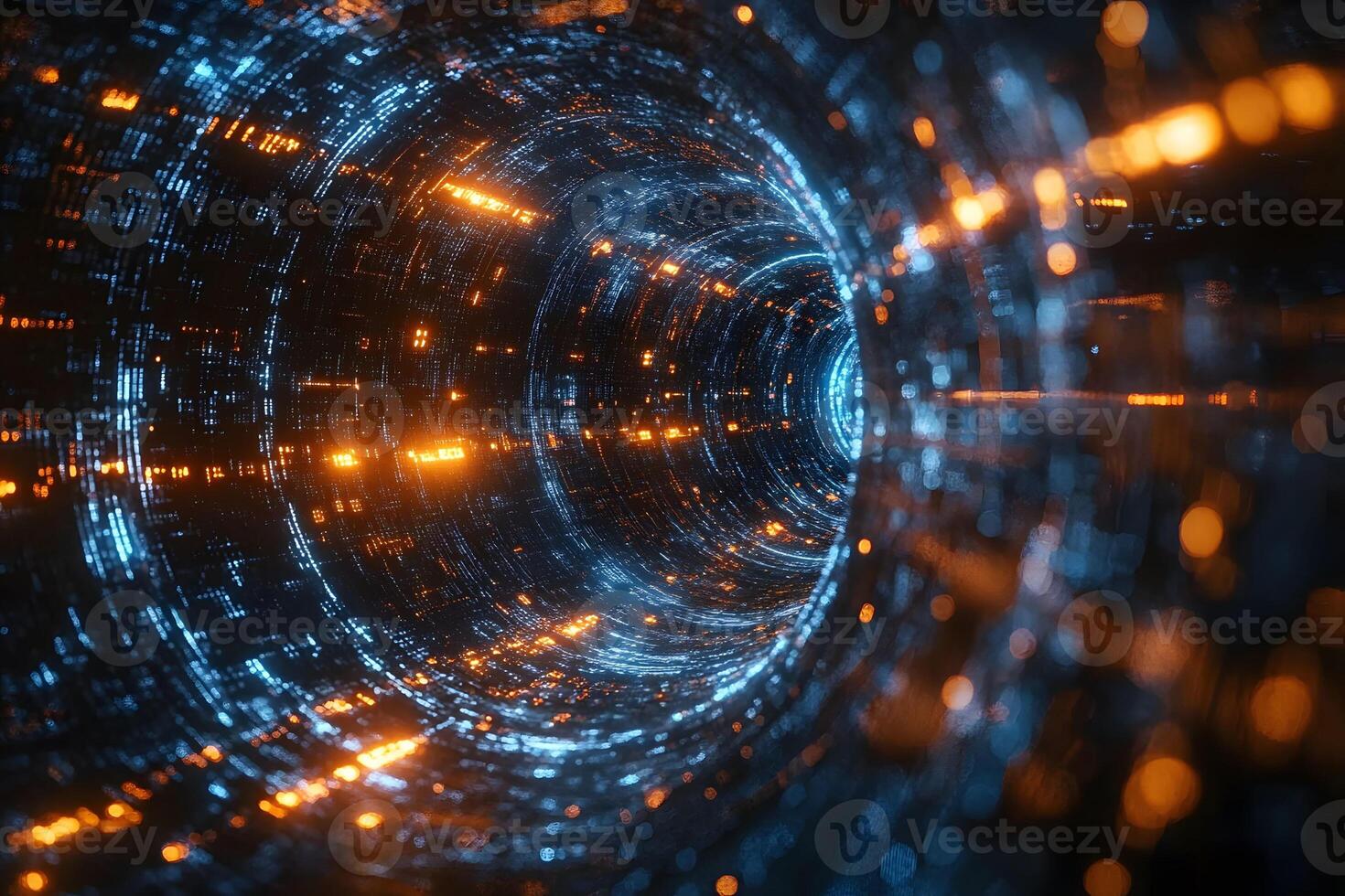 Futuristic Sci-Fi Tunnel with Glowing Lights and Digital Patterns for Technology Concepts photo