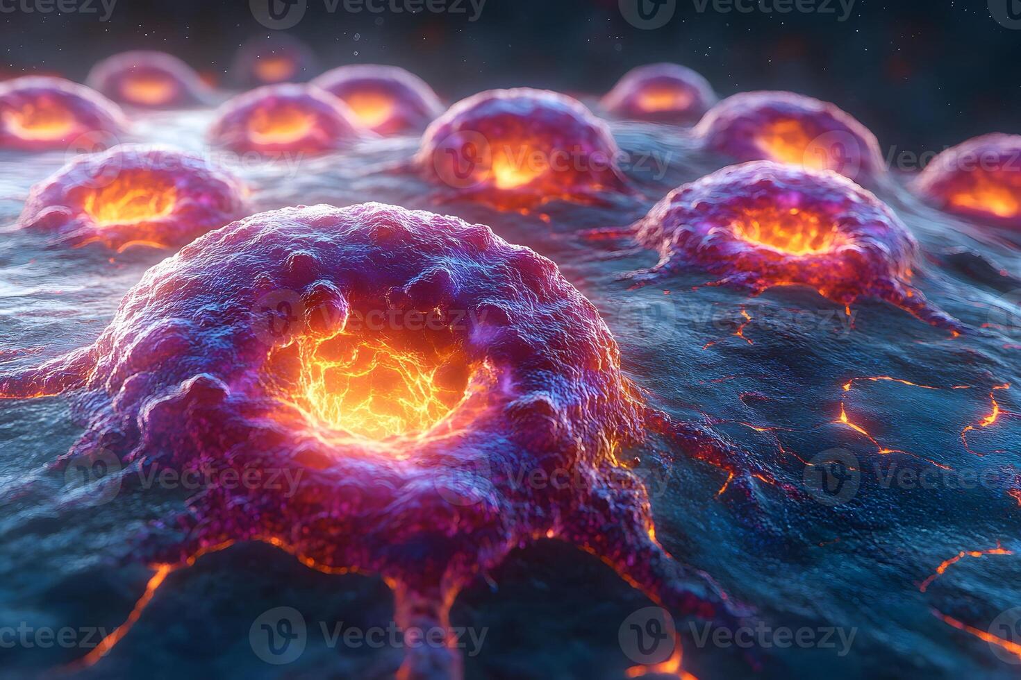 Abstract Cosmic Terrain with Fiery Volcanic Craters for Science Fiction Design photo