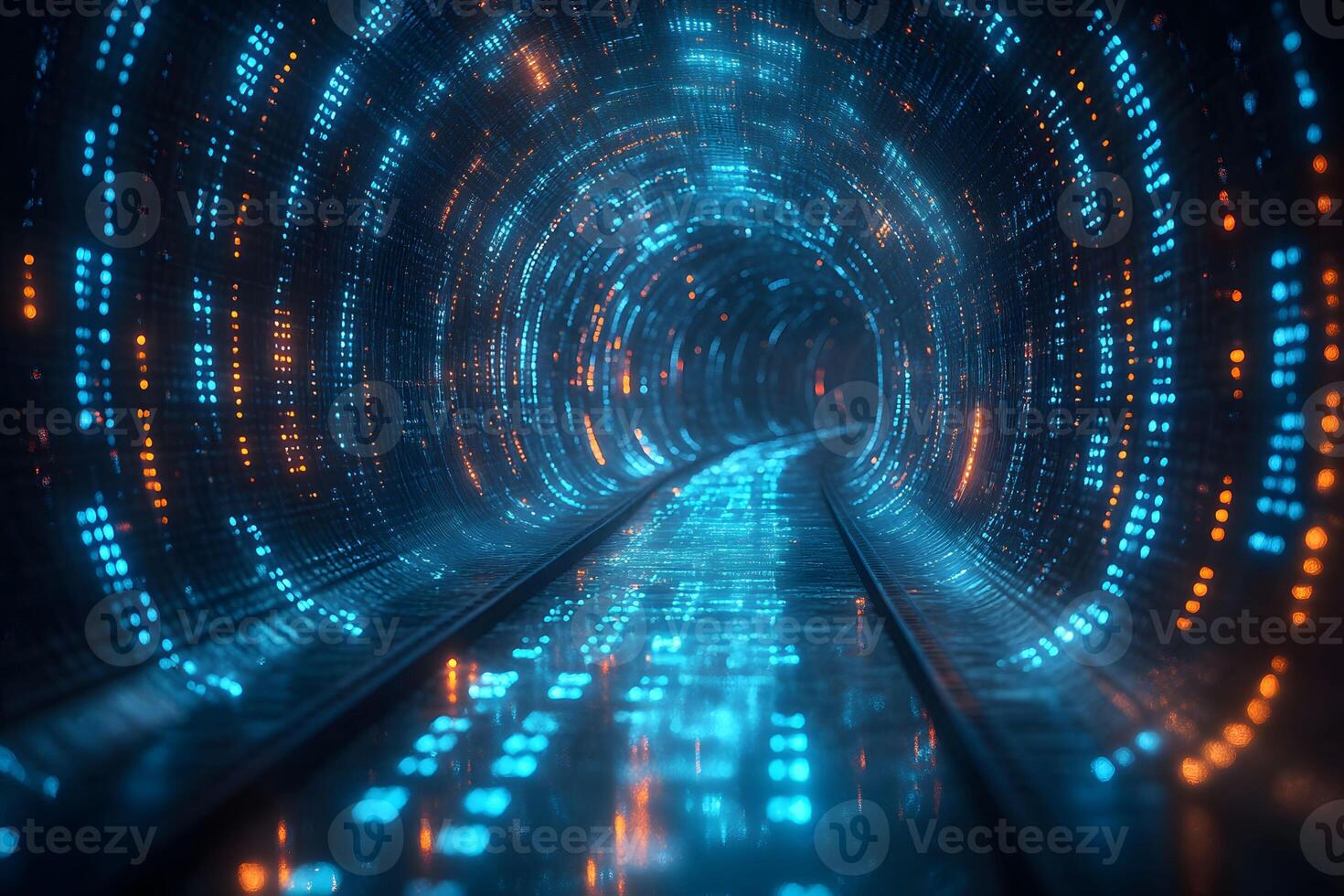 Futuristic Neon Tunnel with Vibrant Blue and Orange Digital Lights for Sci-Fi Themes photo
