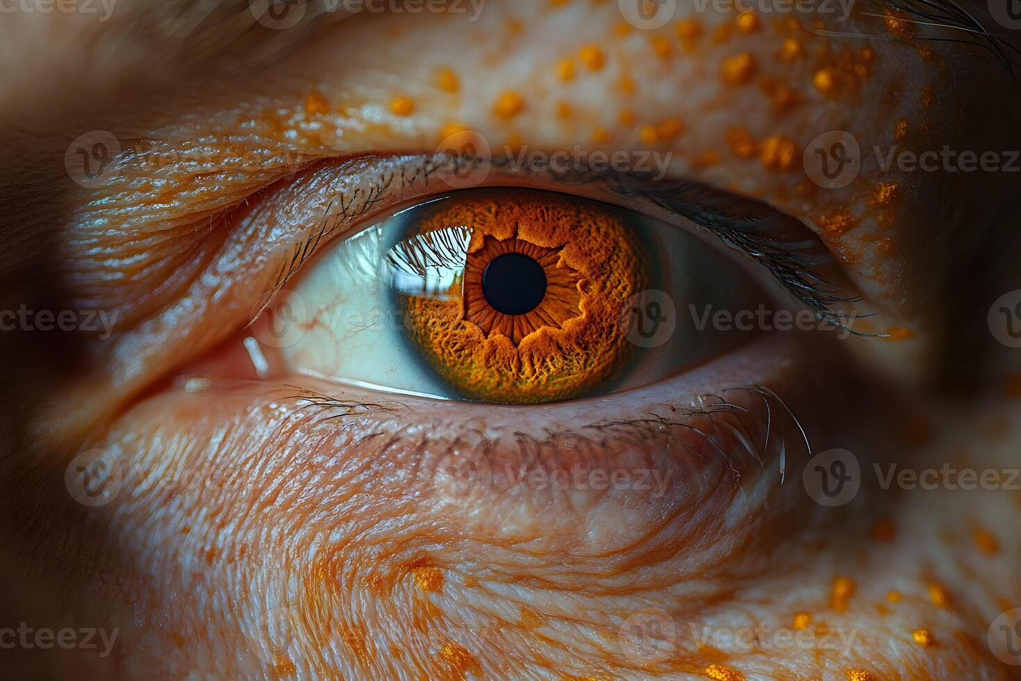 Macro Shot of a Human Eye with Unique Orange Textured Iris for Science and Art Design photo