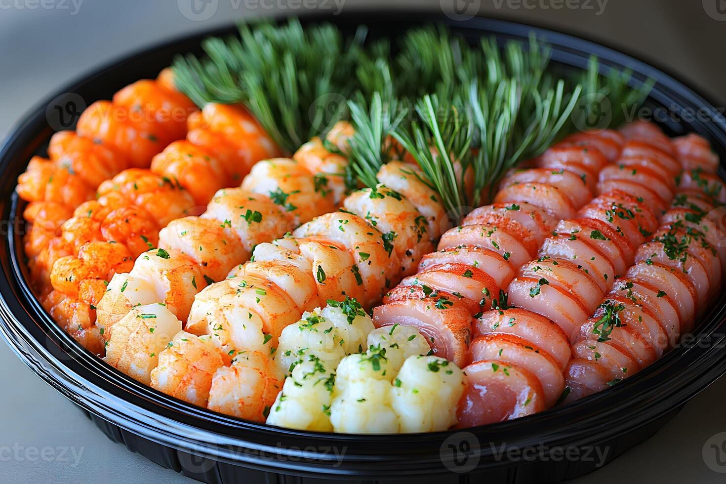 Assorted Seafood Platter with Fresh Herb Garnish for Fine Dining and Culinary Art photo