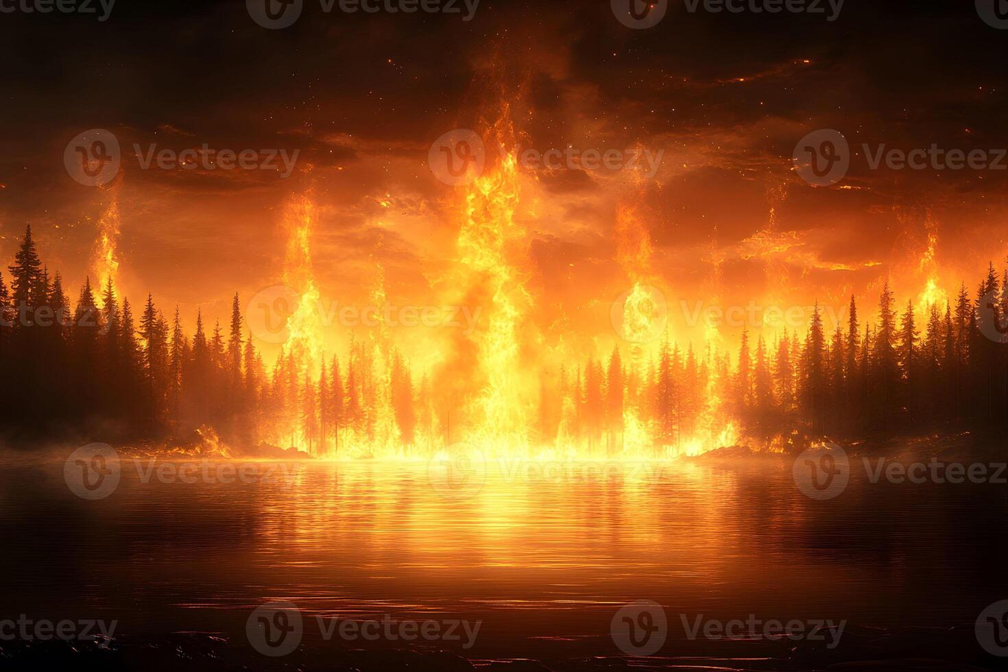Dramatic Forest Fire Scene Reflecting on a Quiet Lake at Dusk photo