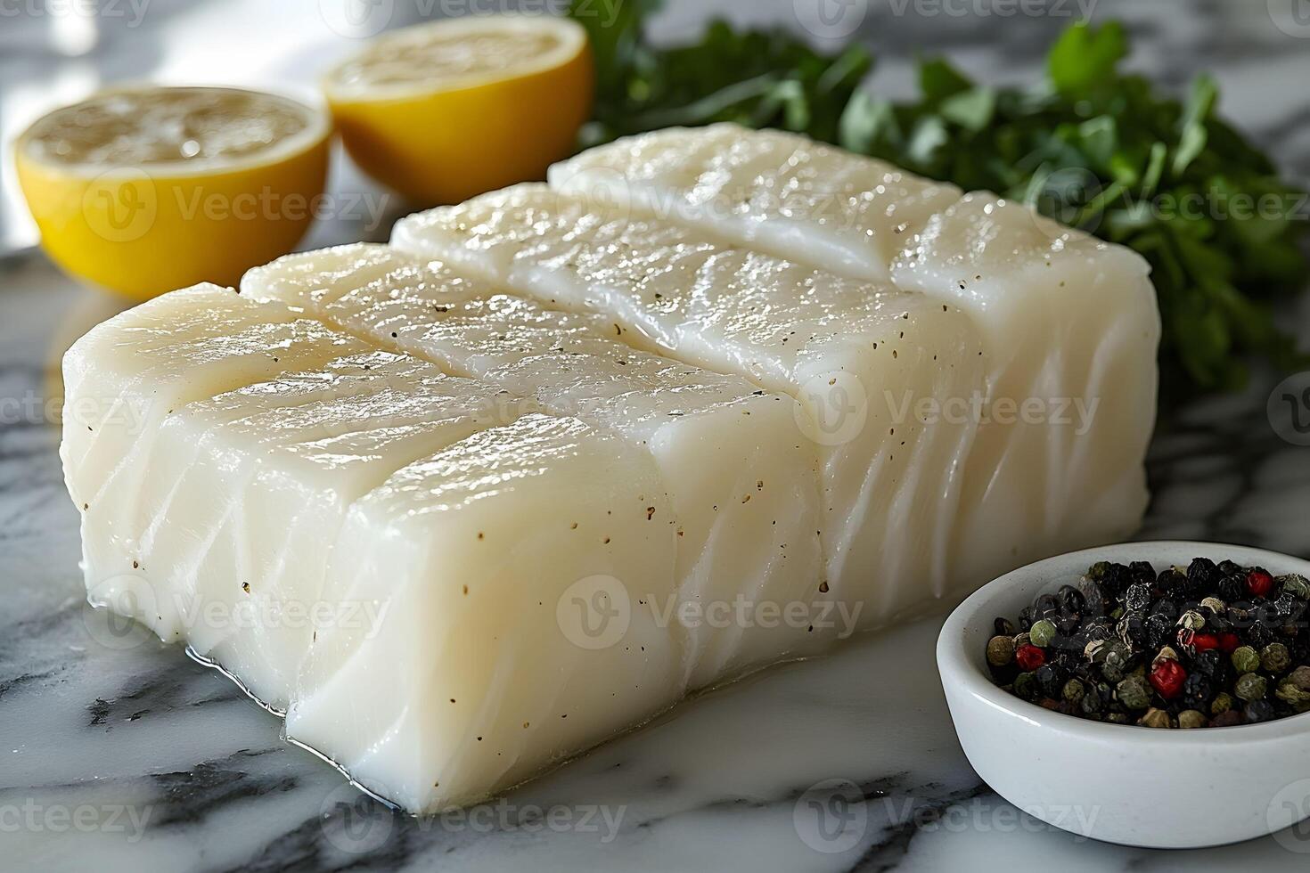 Fresh Cod Fillet on Marble with Lemons and Peppercorns for Culinary Inspiration photo