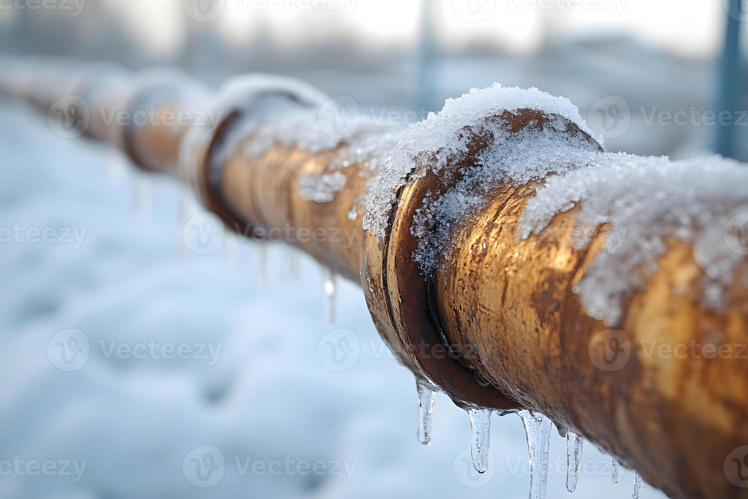 Frozen Industrial Pipeline During Winter Season Highlighting Rust and Snow Accumulation photo
