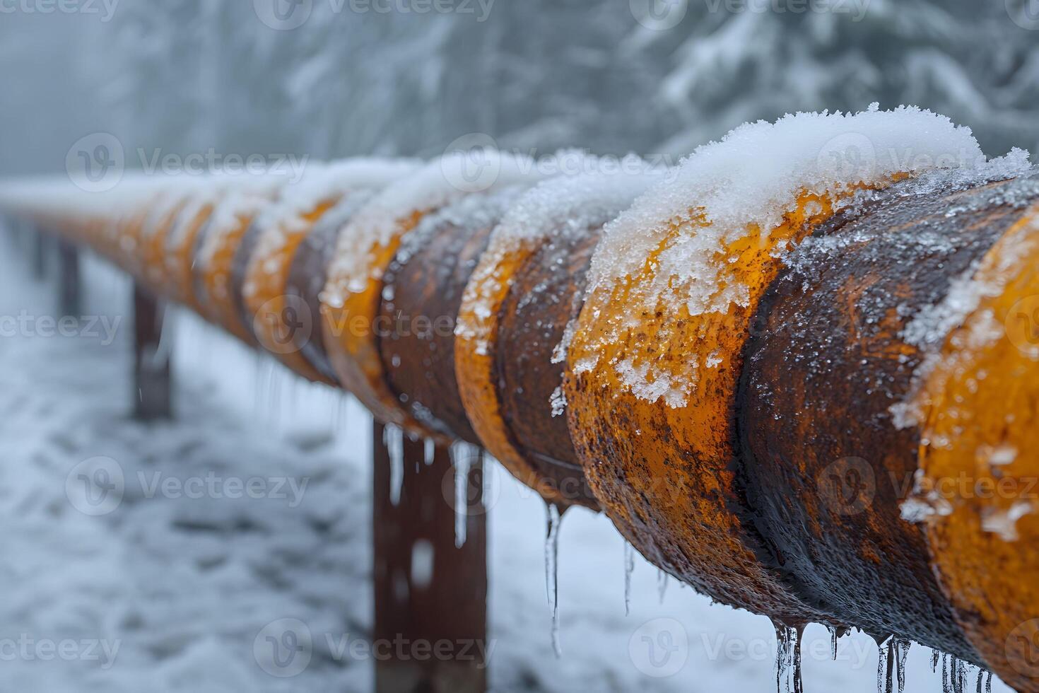 Winter Landscape with Icy Pipeline in Snowy Forest Setting photo