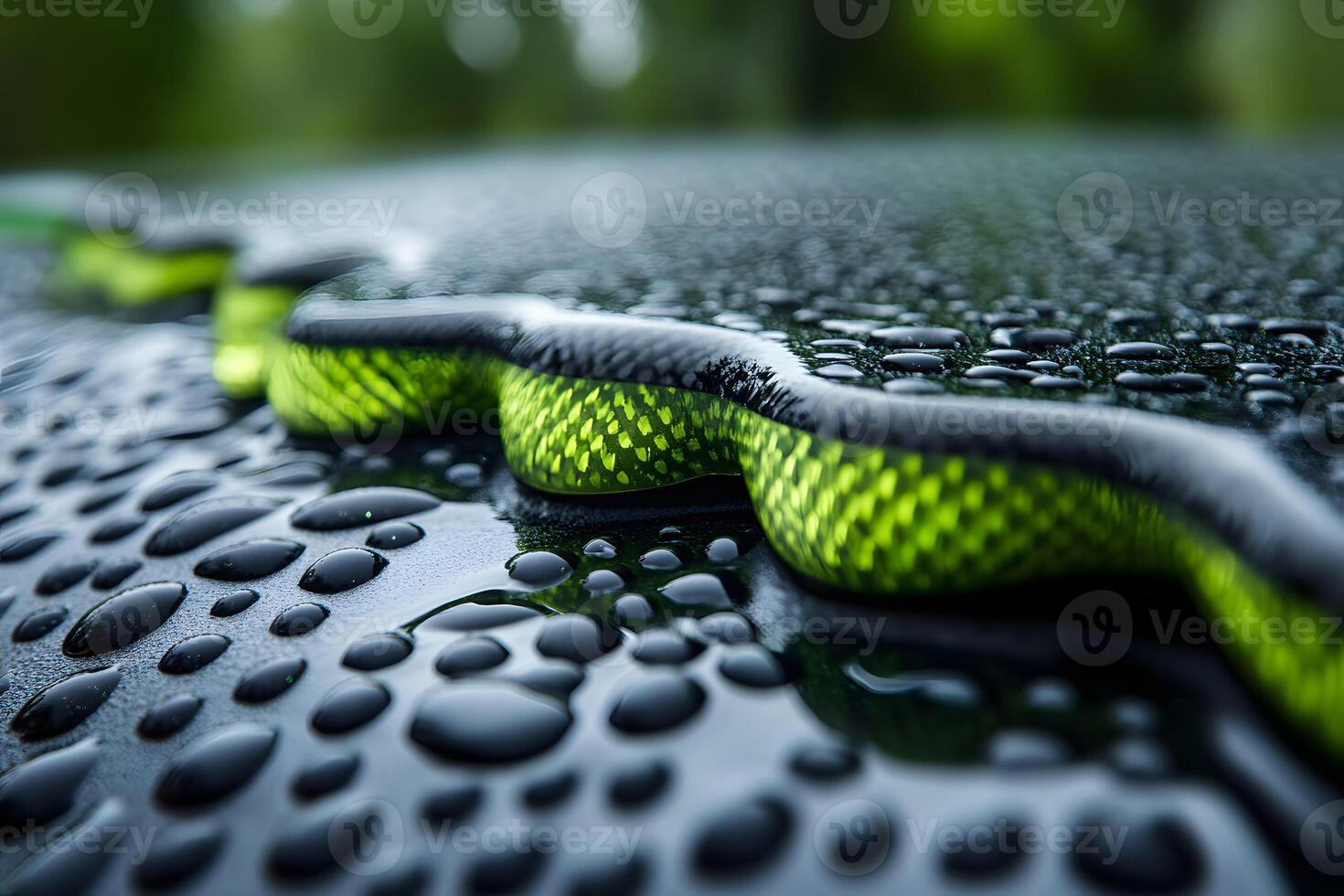 Vibrant Green Snake Amidst Rain Droplets in Nature Scene for Wildlife Poster photo