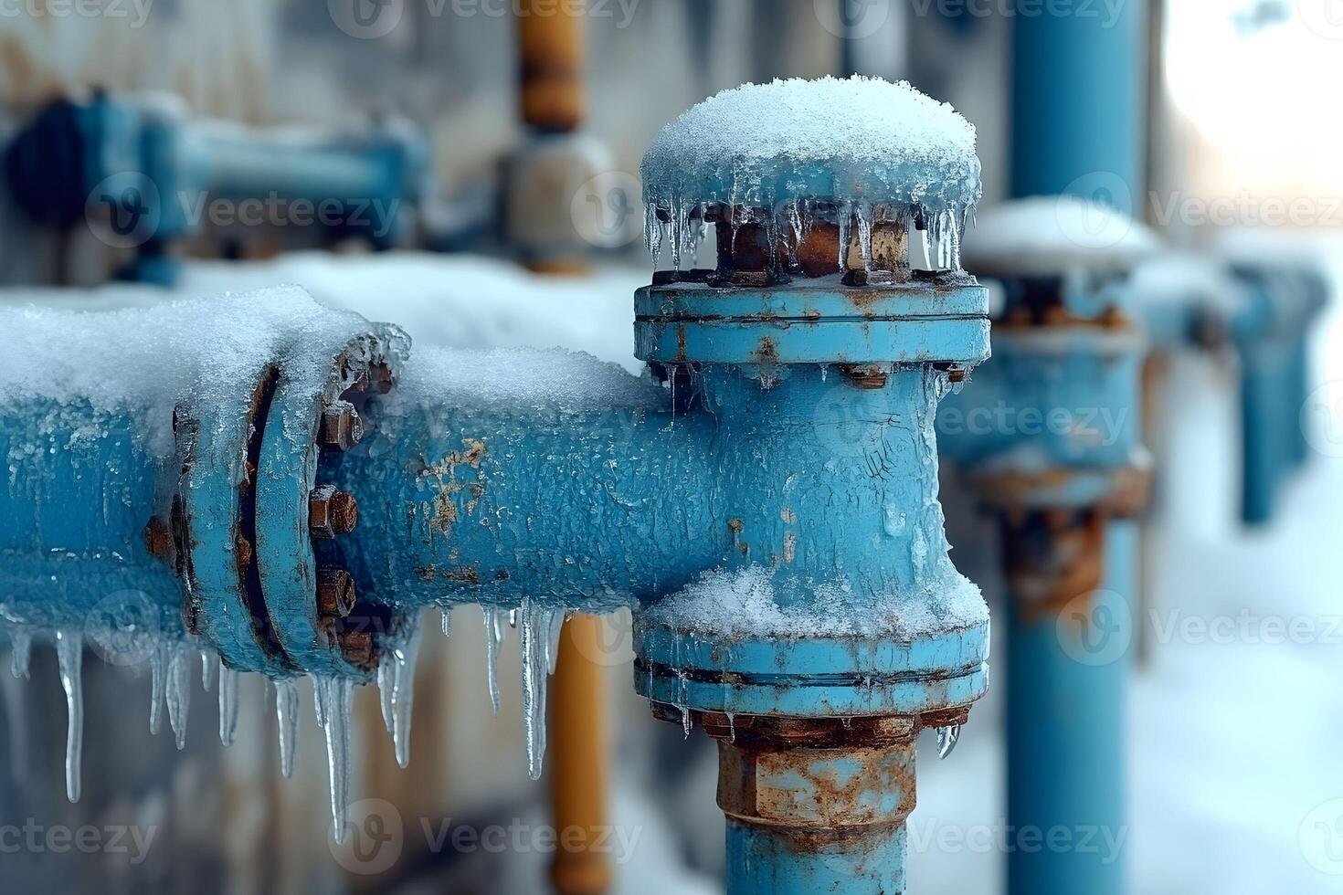 Frozen Industrial Pipe Network in Winter Frosty Urban Infrastructure Design photo