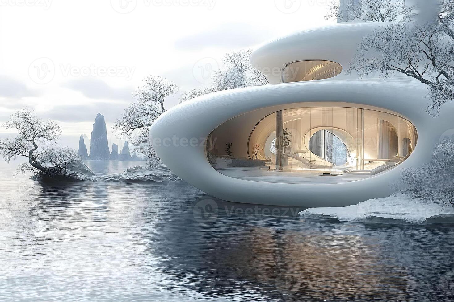 Futuristic Winter Retreat by Frozen Lake with Modern Architecture Design photo