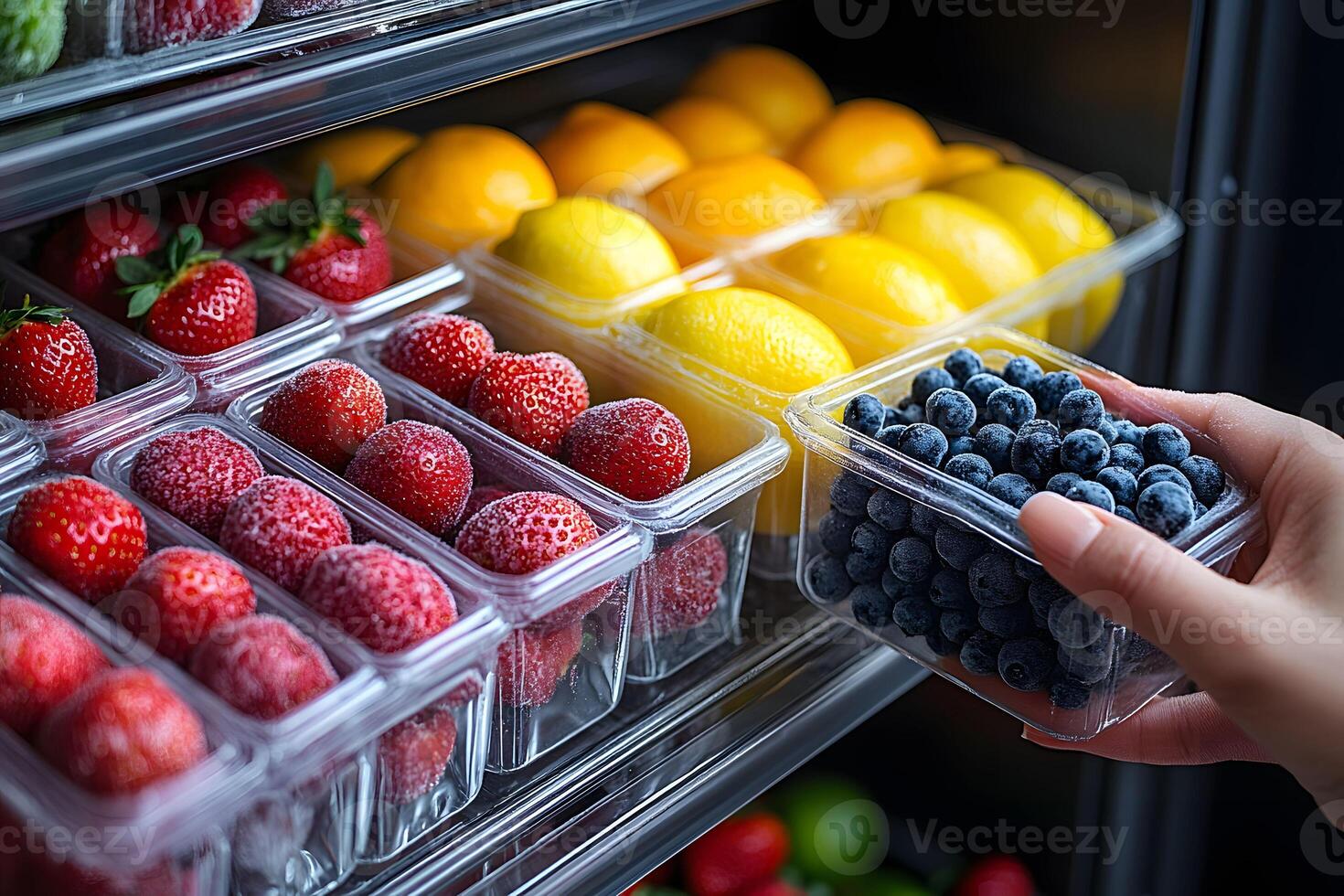 Fresh Berries and Lemons Display in Grocery Store Produce Section photo