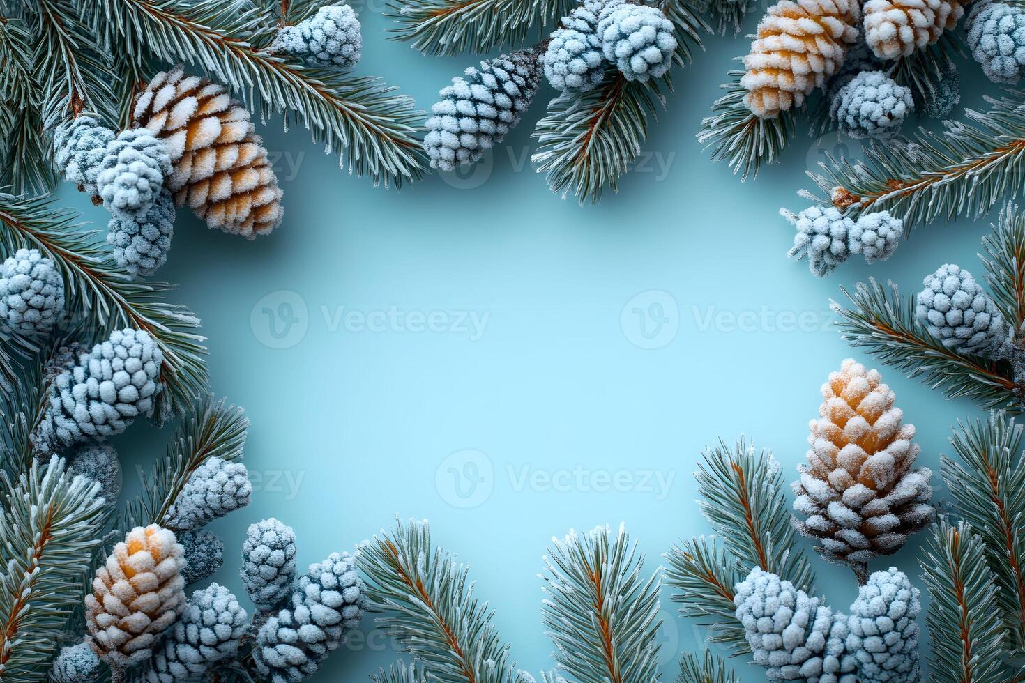 Winter Themed Holiday Background with Frosted Pine Cones and Evergreen Branches for Seasonal Designs photo