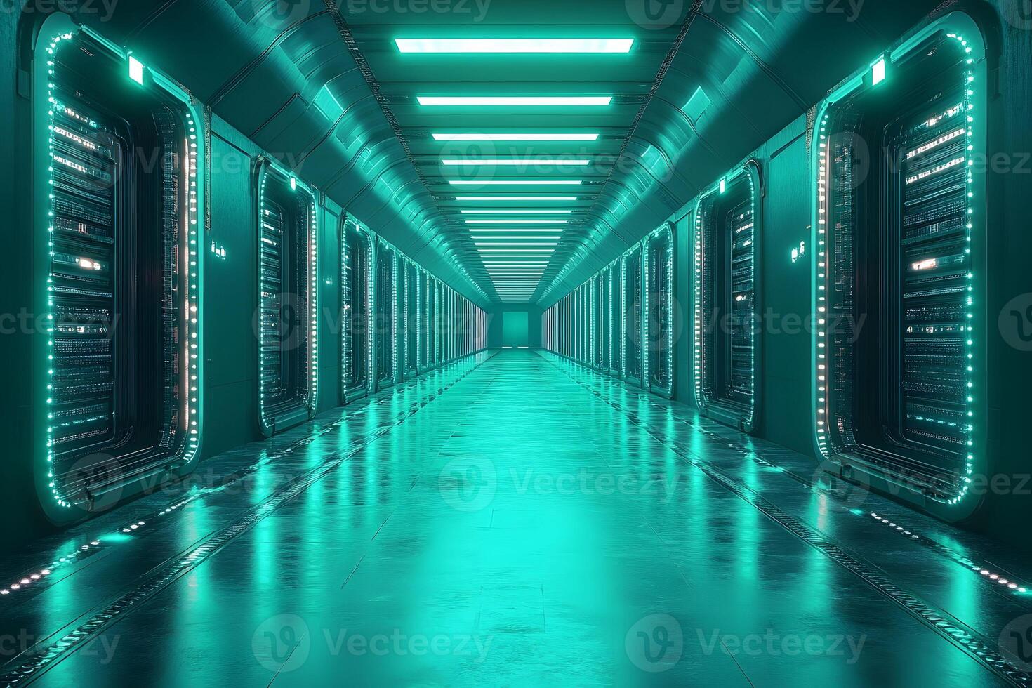 Futuristic Data Center Corridor with LED Lighting for Tech Industry Concepts photo
