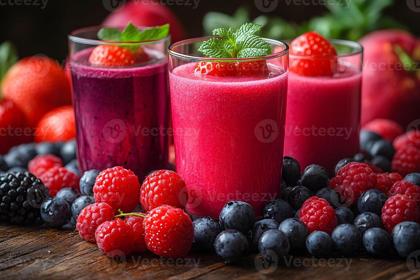 Refreshing Fruit Smoothies with Berries and Mint Leaves in a Vibrant Summer Setting photo